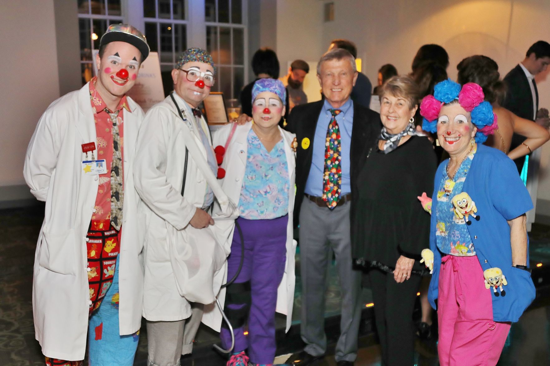 Dr. Kooky, Professor Dude, Dr. Tickles, retired President and Visionary for Clown Therapy Ted Freye and Billie Freye, Bubbles the Scrub Nurse